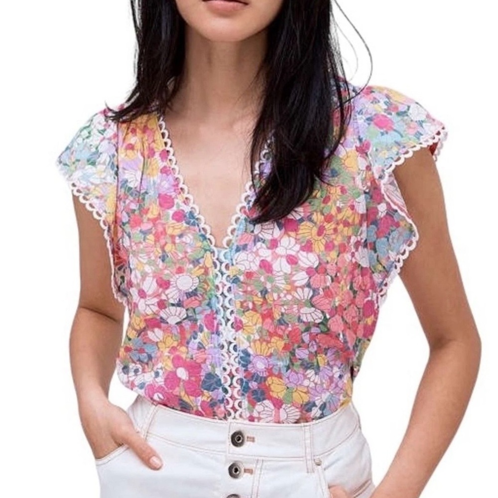 Kate Spade Women’s Floral Dots Burnout Top‎ Blouse XXS Lace Coquette Pink Pastel